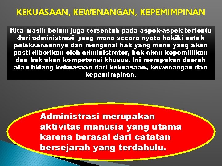 KEKUASAAN, KEWENANGAN, KEPEMIMPINAN Kita masih belum juga tersentuh pada aspek-aspek tertentu dari administrasi yang KEKUASAAN, KEWENANGAN, KEPEMIMPINAN Kita masih belum juga tersentuh pada aspek-aspek tertentu dari administrasi yang