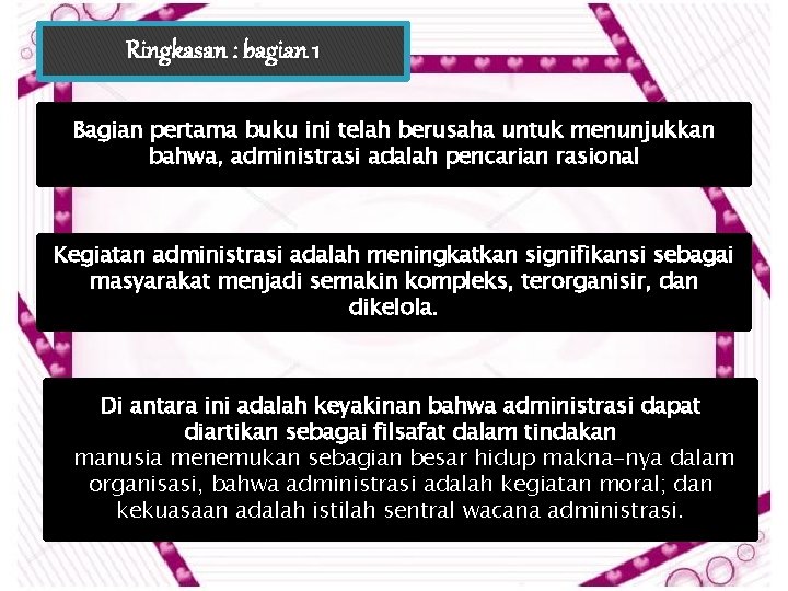 Ringkasan : bagian 1 Bagian pertama buku ini telah berusaha untuk menunjukkan bahwa, administrasi