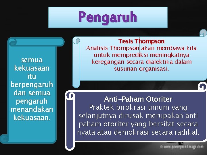 Pengaruh Semua kekuasaan itu berpengaruh dan semua pengaruh menandakan kekuasaan. Tesis Thompson Analisis Thompson