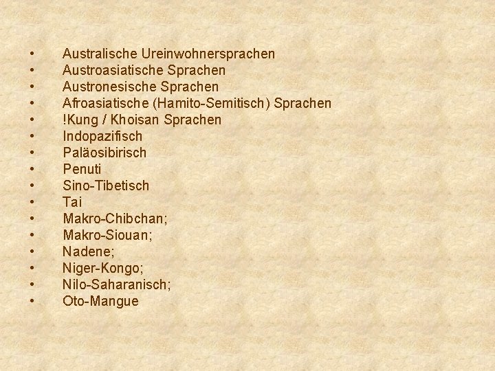  • • • • Australische Ureinwohnersprachen Austroasiatische Sprachen Austronesische Sprachen Afroasiatische (Hamito-Semitisch) Sprachen