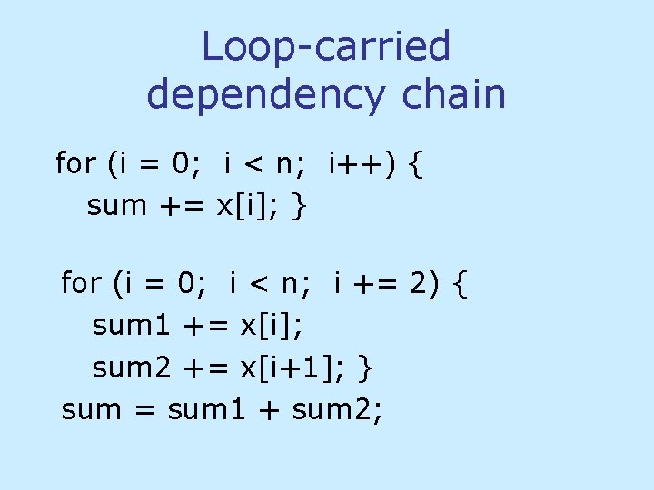 Loop-carried dependency chain for (i = 0; i < n; i++) { sum += Loop-carried dependency chain for (i = 0; i < n; i++) { sum +=