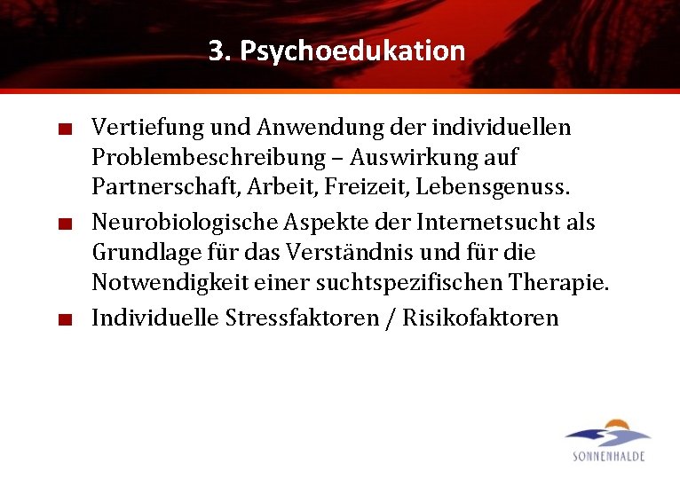 3. Psychoedukation Vertiefung und Anwendung der individuellen Problembeschreibung – Auswirkung auf Partnerschaft, Arbeit, Freizeit,