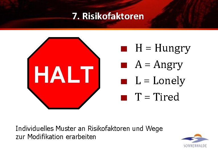 7. Risikofaktoren HALT H = Hungry A = Angry L = Lonely T =