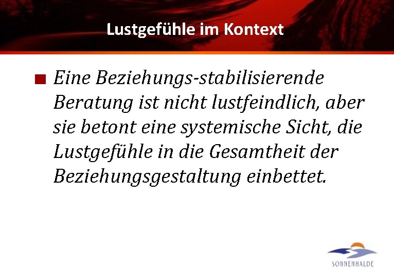 Lustgefühle im Kontext Eine Beziehungs-stabilisierende Beratung ist nicht lustfeindlich, aber sie betont eine systemische