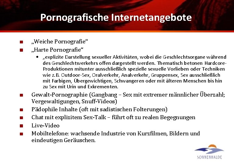 Pornografische Internetangebote „Weiche Pornografie“ „Harte Pornografie“ • „explizite Darstellung sexueller Aktivitäten, wobei die Geschlechtsorgane