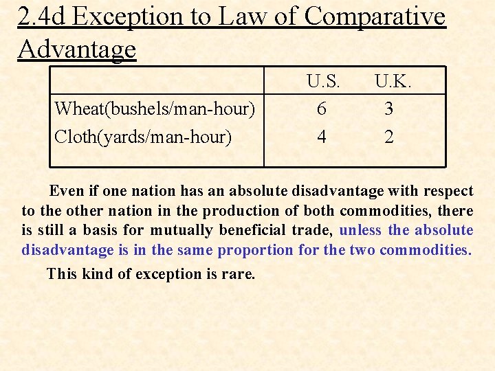 2. 4 d Exception to Law of Comparative Advantage U. S. U. K. Wheat(bushels/man-hour)