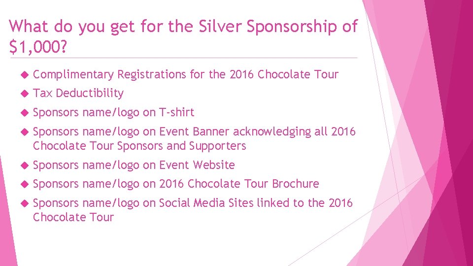 What do you get for the Silver Sponsorship of $1, 000? Complimentary Registrations for