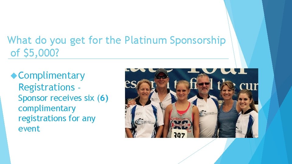 What do you get for the Platinum Sponsorship of $5, 000? Complimentary Registrations –