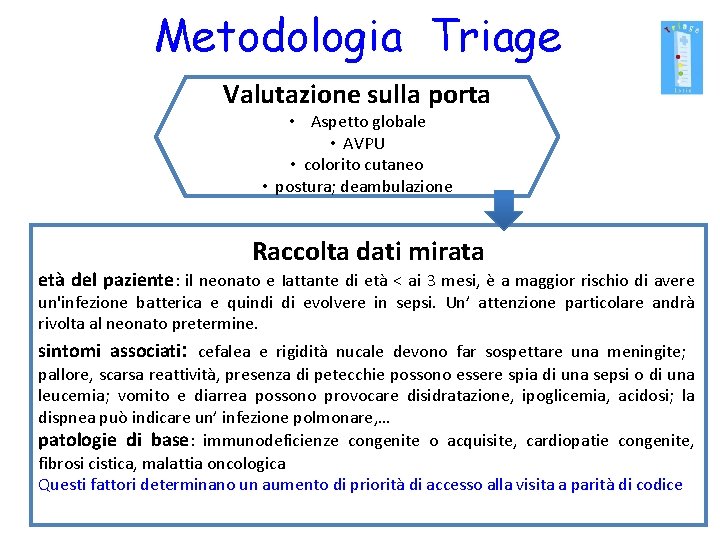 Metodologia Triage Valutazione sulla porta • Aspetto globale • AVPU • colorito cutaneo •