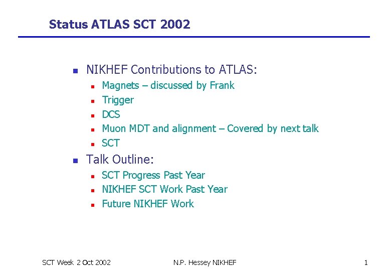 Status ATLAS SCT 2002 n NIKHEF Contributions to ATLAS: n n n Magnets –