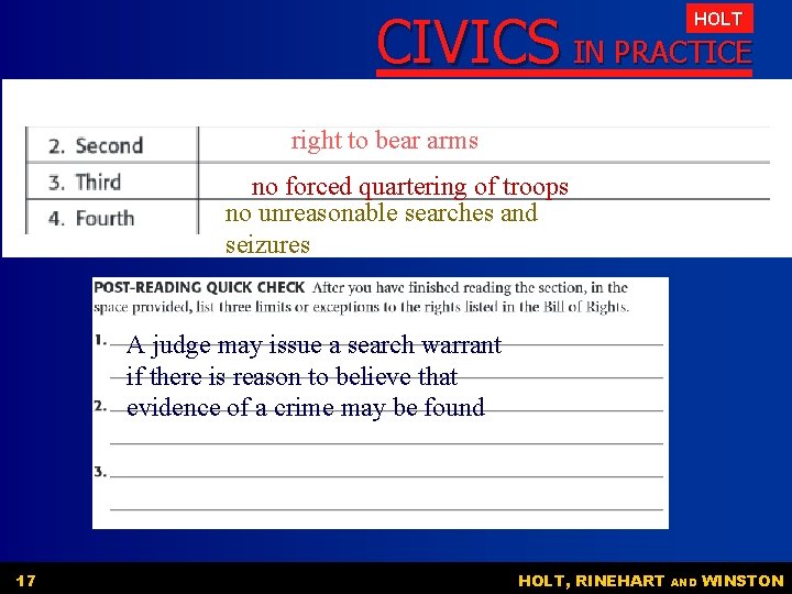 CIVICS IN PRACTICE HOLT right to bear arms no forced quartering of troops no CIVICS IN PRACTICE HOLT right to bear arms no forced quartering of troops no