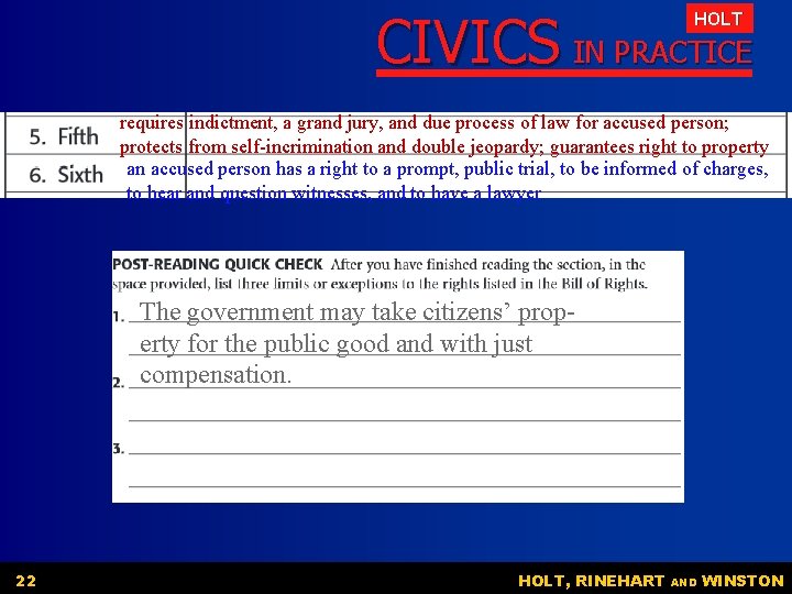 CIVICS IN PRACTICE HOLT requires indictment, a grand jury, and due process of law CIVICS IN PRACTICE HOLT requires indictment, a grand jury, and due process of law