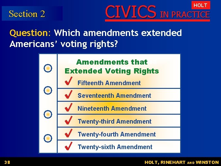 Section 2 CIVICS IN PRACTICE HOLT Question: Which amendments extended Americans’ voting rights? Amendments Section 2 CIVICS IN PRACTICE HOLT Question: Which amendments extended Americans’ voting rights? Amendments