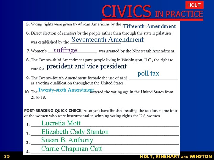 CIVICS IN PRACTICE HOLT Fifteenth Amendment Seventeenth Amendment suffrage president and vice president poll CIVICS IN PRACTICE HOLT Fifteenth Amendment Seventeenth Amendment suffrage president and vice president poll