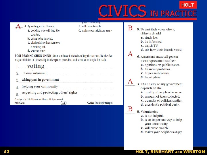 CIVICS IN PRACTICE HOLT A B A A B 52 HOLT, RINEHART AND WINSTON CIVICS IN PRACTICE HOLT A B A A B 52 HOLT, RINEHART AND WINSTON