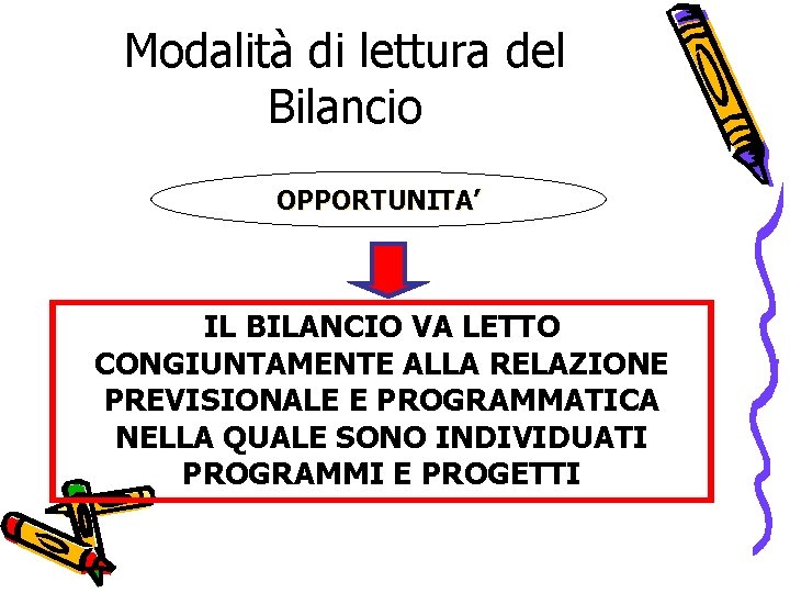 Modalità di lettura del Bilancio OPPORTUNITA’ IL BILANCIO VA LETTO CONGIUNTAMENTE ALLA RELAZIONE PREVISIONALE