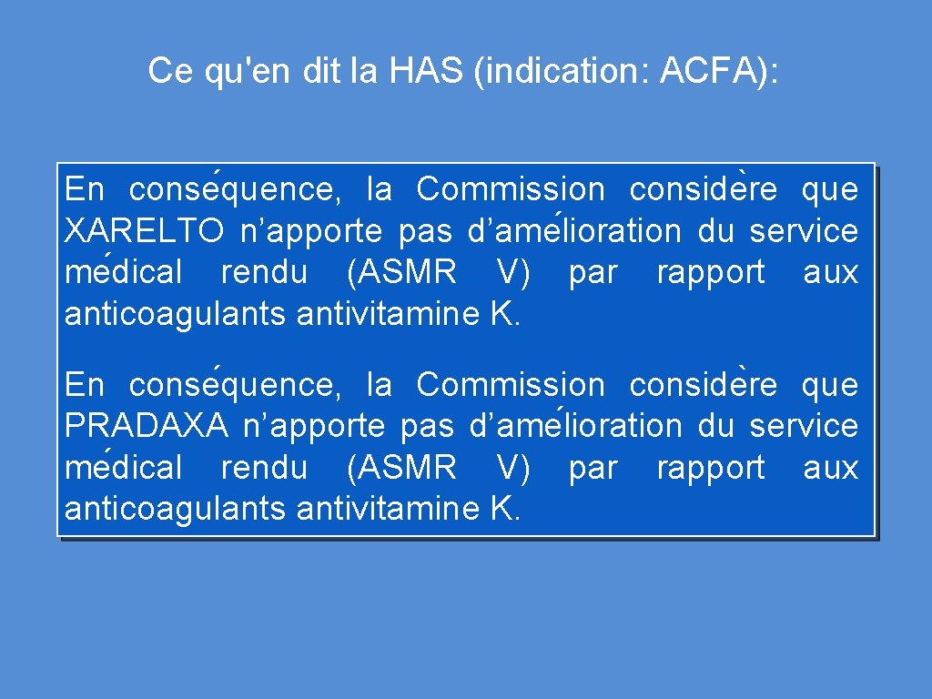 Ce qu'en dit la HAS (indication: ACFA): En conse quence, la Commission conside re