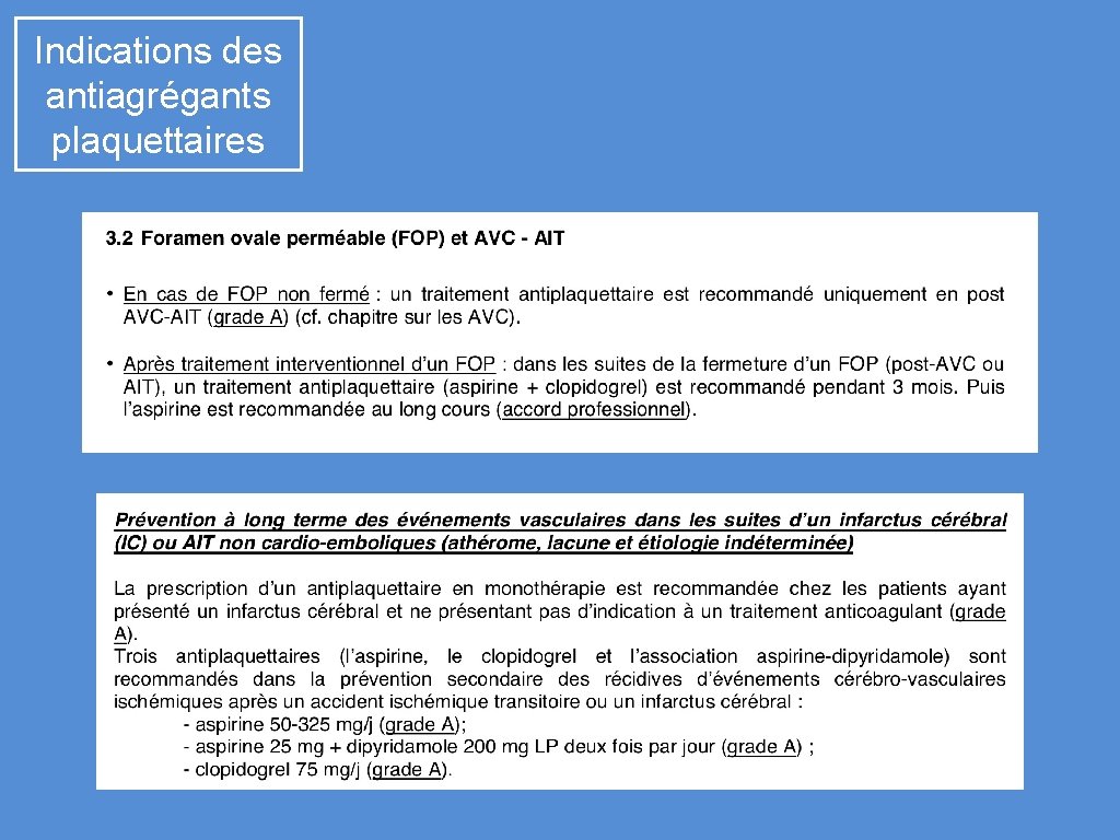 Indications des antiagrégants plaquettaires 