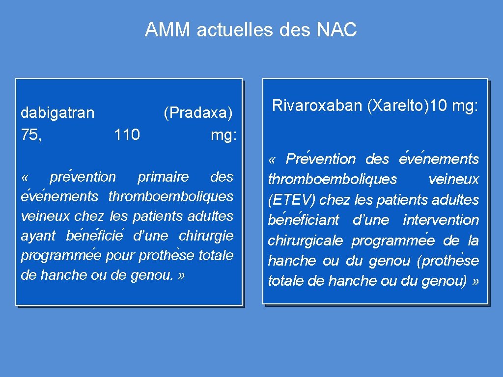 AMM actuelles des NAC dabigatran 75, 110 (Pradaxa) mg: « pre vention primaire des