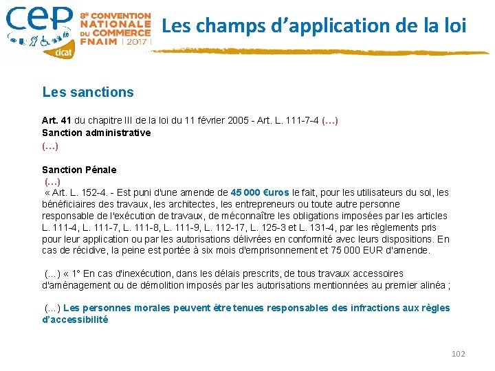  Les champs d’application de la loi Les sanctions Art. 41 du chapitre III