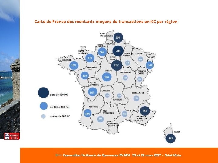 #Commerce. FNAIM Carte de France des montants moyens de transactions en K€ par région