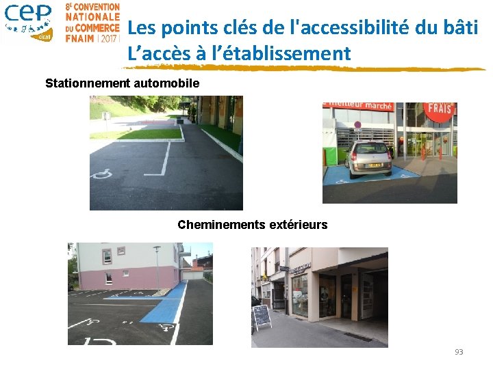 Les points clés de l'accessibilité du bâti L’accès à l’établissement Stationnement automobile Cheminements extérieurs