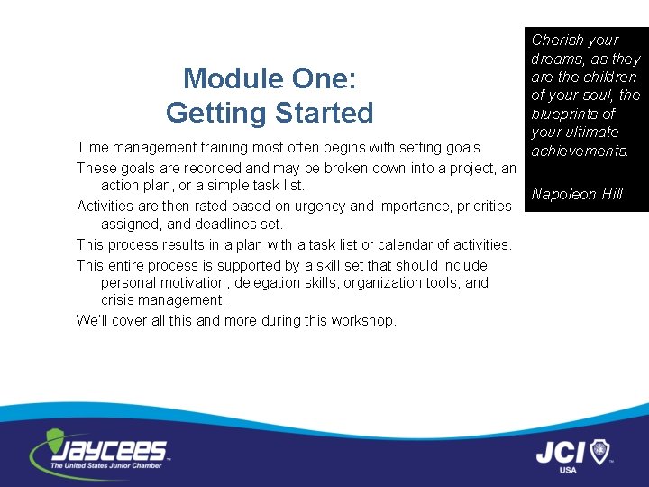 Module One: Getting Started Cherish your dreams, as they are the children of your