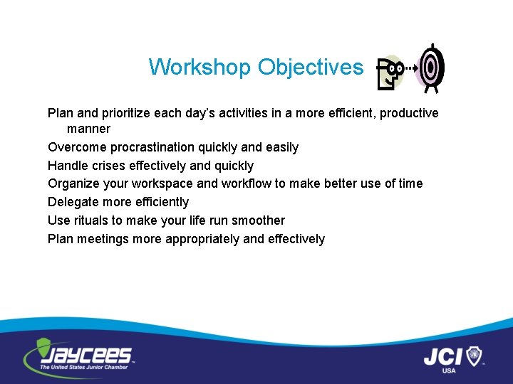 Workshop Objectives Plan and prioritize each day’s activities in a more efficient, productive manner