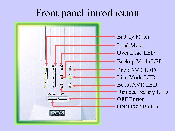 Front panel introduction Battery Meter Load Meter Over Load LED Backup Mode LED Buck