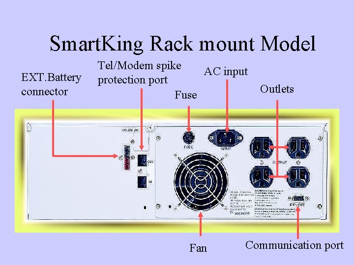 Smart. King Rack mount Model EXT. Battery connector Tel/Modem spike AC input protection port