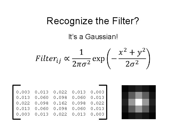 Recognize the Filter? It’s a Gaussian! 0. 003 0. 013 0. 022 0. 013