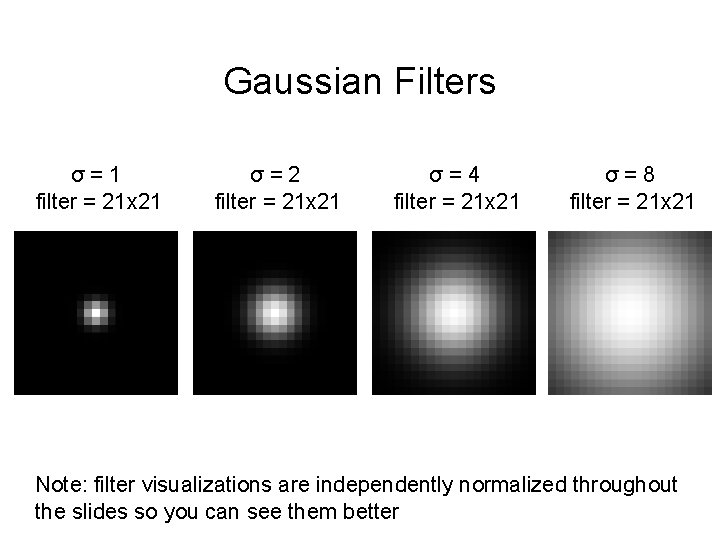 Gaussian Filters σ = 1 filter = 21 x 21 σ = 2 filter