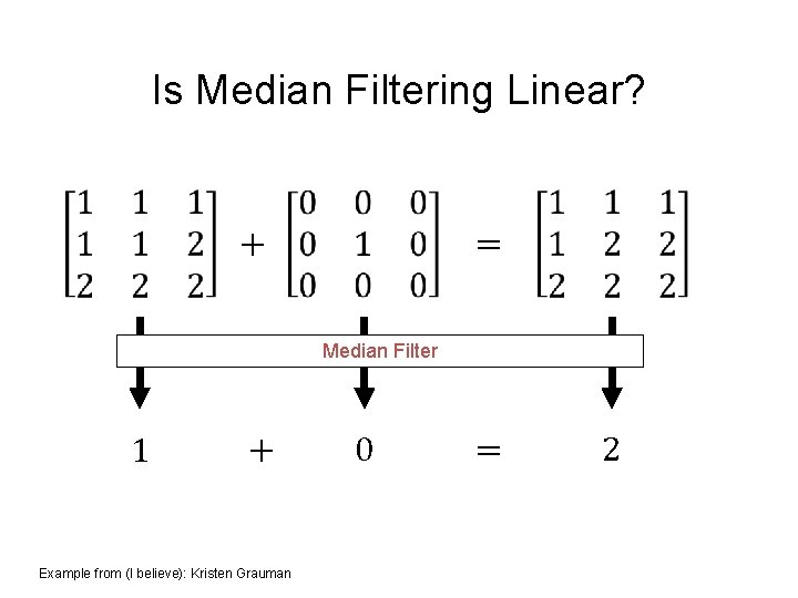 Is Median Filtering Linear? = + Median Filter 1 + Example from (I believe):