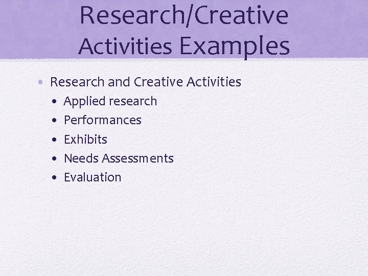 Research/Creative Activities Examples • Research and Creative Activities • • • Applied research Performances