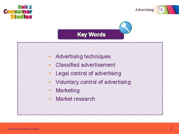 Advertising 16 Key Words • Advertising techniques • Classified advertisement • Legal control of