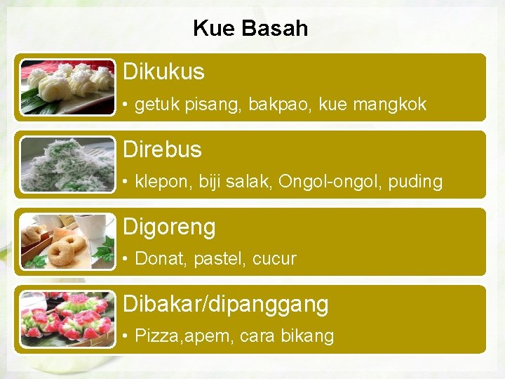 Kue Basah Dikukus • getuk pisang, bakpao, kue mangkok Direbus • klepon, biji salak,