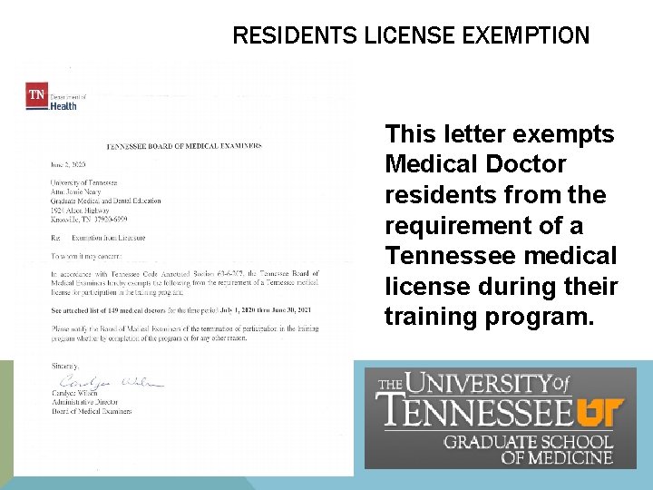 RESIDENTS LICENSE EXEMPTION This letter exempts Medical Doctor residents from the requirement of a RESIDENTS LICENSE EXEMPTION This letter exempts Medical Doctor residents from the requirement of a