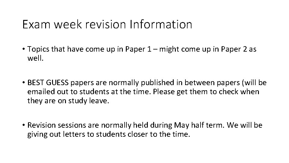 Exam week revision Information • Topics that have come up in Paper 1 –