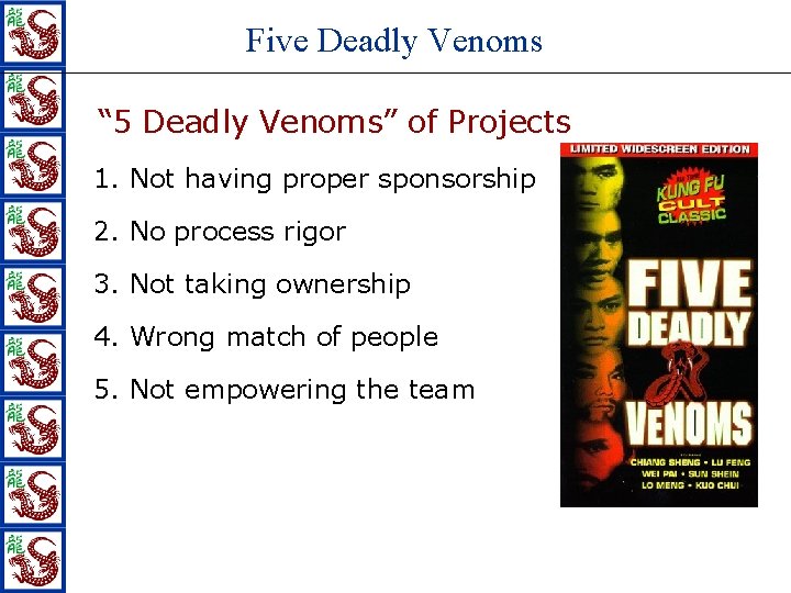 Five Deadly Venoms “ 5 Deadly Venoms” of Projects 1. Not having proper sponsorship