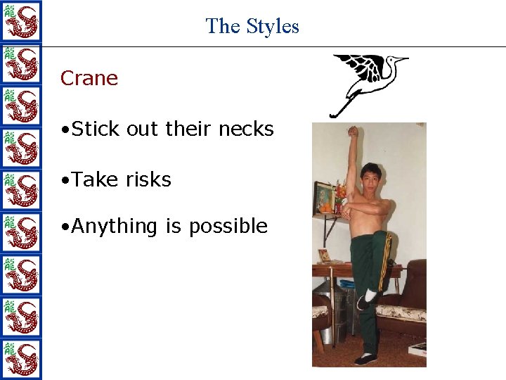 The Styles Crane • Stick out their necks • Take risks • Anything is