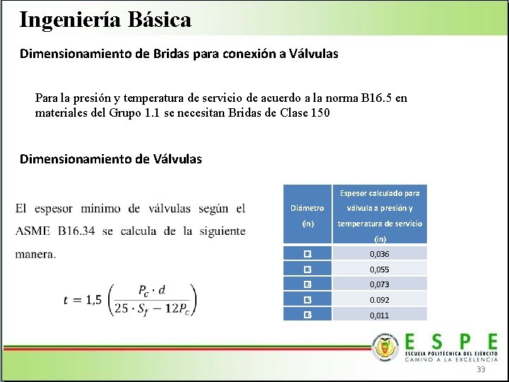 Ingeniería Básica Dimensionamiento de Bridas para conexión a Válvulas Para la presión y temperatura Ingeniería Básica Dimensionamiento de Bridas para conexión a Válvulas Para la presión y temperatura