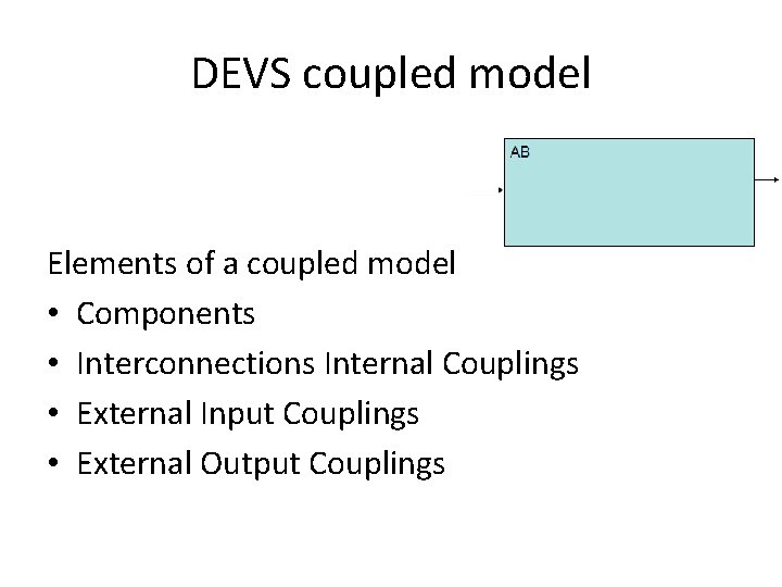 DEVS coupled model Elements of a coupled model • Components • Interconnections Internal Couplings