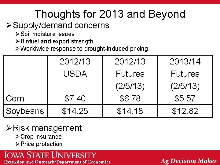 Thoughts for 2013 and Beyond ØSupply/demand concerns ØSoil moisture issues ØBiofuel and export strength