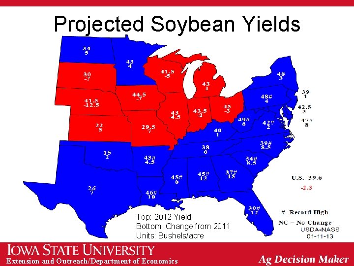 Projected Soybean Yields Top: 2012 Yield Bottom: Change from 2011 Units: Bushels/acre Extension and