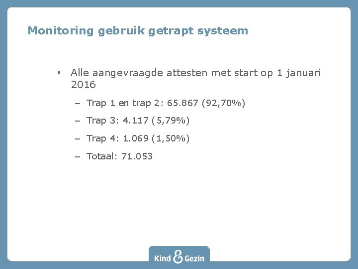 Monitoring gebruik getrapt systeem • Alle aangevraagde attesten met start op 1 januari 2016