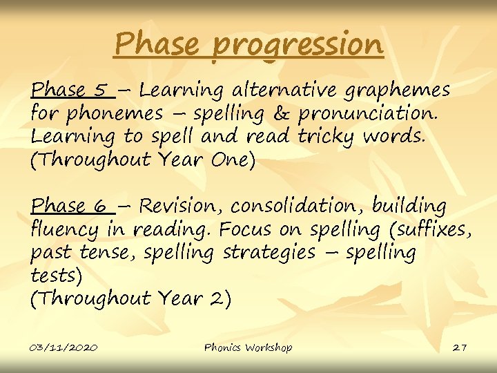 Phase progression Phase 5 – Learning alternative graphemes for phonemes – spelling & pronunciation.