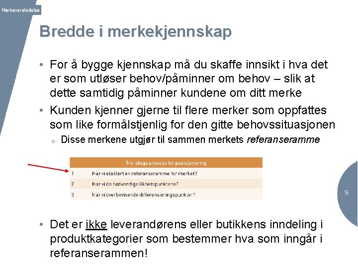 Bredde i merkekjennskap • For å bygge kjennskap må du skaffe innsikt i hva