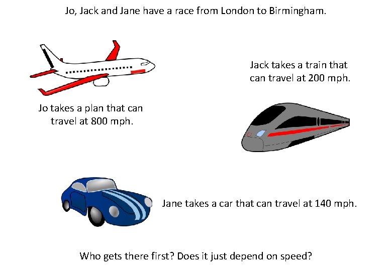 Jo, Jack and Jane have a race from London to Birmingham. Jack takes a
