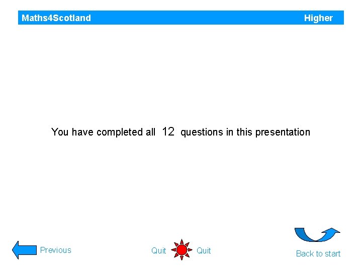 Maths 4 Scotland Higher You have completed all Previous 12 questions in this presentation
