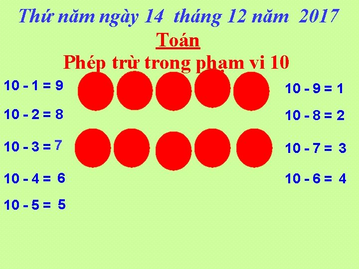 Thứ năm ngày 14 tháng 12 năm 2017 Toán Phép trừ trong phạm vi